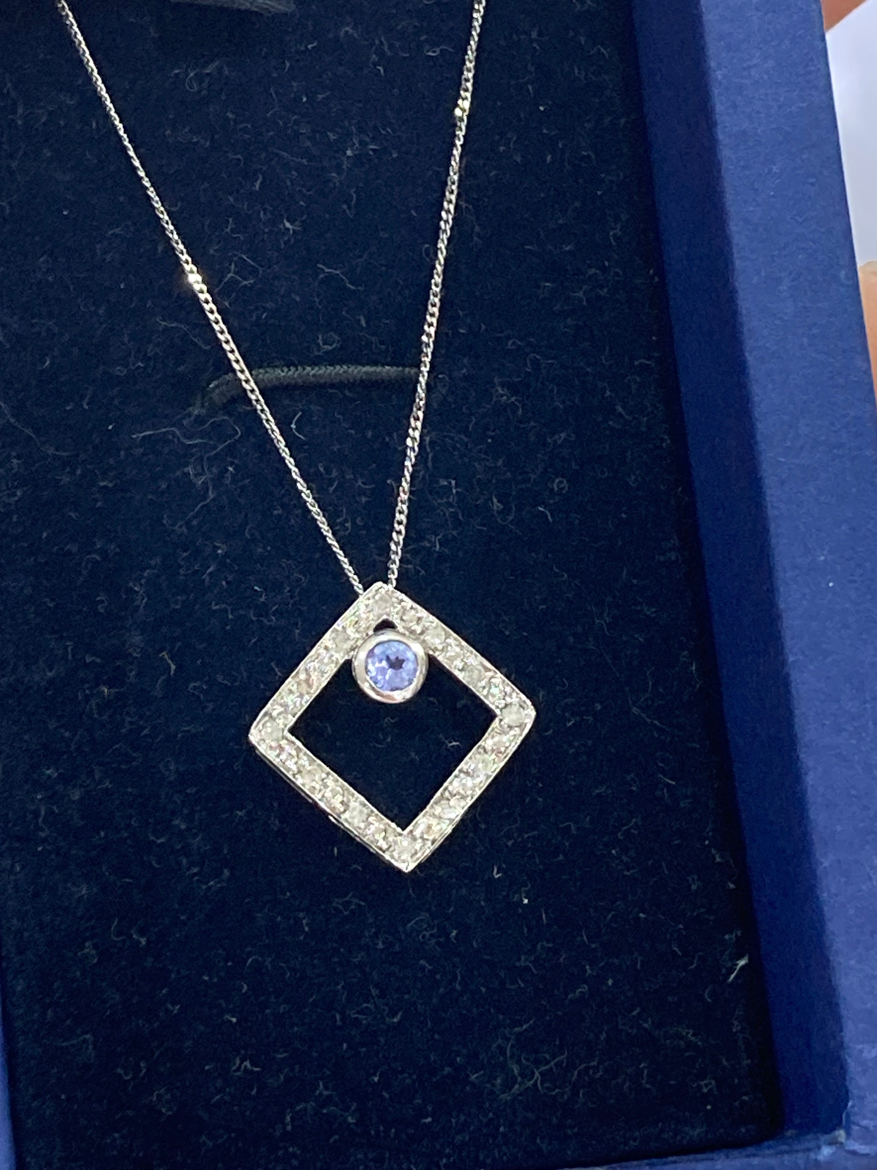 White Gold Tanzanite Pendant Necklace | Bezel Set | 18” Curb Chain